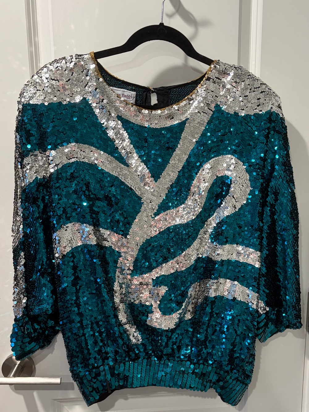 Vintage Teal and Silver Sequin Scoop-Neck Sweater | Size Medium |